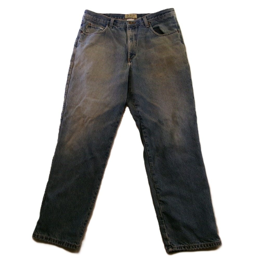 LL Bean Mens 35x30 Flannel Lined Jeans Blue Plaid Classic Fit 100220‎